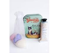 Coffret Cadeau Fleur de Coton avec Crème Mains, 3 Savons en Forme de Coeurs et Boîte Métal avec savons 200g fleur de coton (Chats Noirs et Blancs)