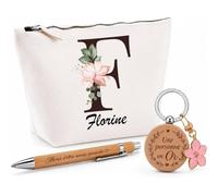 Coffret Cadeau Florine | Trousse Coton, Stylo Bambou Gravé et Porte-Clés Bois | 3 Pièces Prêtes à Offrir | Remerciement Anniversaire Noël