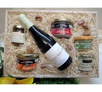 Coffret Cadeau Gastronomique Côtes du Rhône avec Terrines, Chutney et Délices, Panier Gourmand dans Plateau Bois La Vie est Faite de Petits Bonheurs