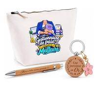 Coffret Cadeau Gestionnaire de Paie C'est Juste la Meilleure Métier | Trousse Coton, Stylo Bambou Gravé et Porte-Clés Bois | 3 Pièces Prêtes à Offrir | Remerciement Anniversaire Noël