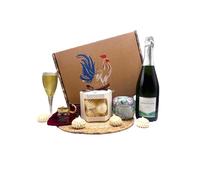 Coffret Cadeau Gourmand avec Champagne Brut AOC 75cl, Thé Blanc Mangue-Pêche-Safran, Meringues au Safran, Produits Artisanaux Français Bio