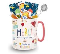 Coffret Cadeau Gourmand | Mug XXL garni de Thé et Infusion COMPTOIR FRANÇAIS DU THÉ, de Madeleines, Pâtes de Fruits et d'une pince à thé pour remercier Maîtresse, Maman, Nounou, Soignant