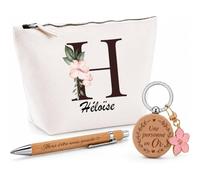 Coffret Cadeau Héloïse | Trousse Coton, Stylo Bambou Gravé et Porte-Clés Bois | 3 Pièces Prêtes à Offrir | Remerciement Anniversaire Noël