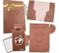 Coffret Cadeau Homme ou Femme 5 pièces/Portes-Documents : Carte Grise, Passeport Étui Carte Bancaire RFID Étiquettes à Bagage. Idee à Offrir pour Noel ou Fêtes d’Anniversaire (Ensemble Gold)
