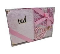 Coffret cadeau islamique (livret du Coran 9 sourates + tapis de prière + chapelet de prière de luxe Tasbeeh) Namaz Oriental Musulman Tapis Janamaz Sajadah, idéal/Hajj/Umrah/Ramadan/Mariage/Niqah