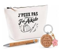 Coffret Cadeau J’Peux Pas j’AI Aïkido | Trousse Coton, Stylo Bambou Gravé et Porte-Clés Bois | 3 Pièces Prêtes à Offrir | Remerciement Anniversaire Noël