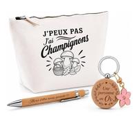 Coffret Cadeau J’Peux Pas j’AI Champignons | Trousse Coton, Stylo Bambou Gravé et Porte-Clés Bois | 3 Pièces Prêtes à Offrir | Remerciement Anniversaire Noël