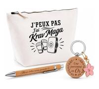 Coffret Cadeau J’Peux Pas j’AI Krav Maga | Trousse Coton, Stylo Bambou Gravé et Porte-Clés Bois | 3 Pièces Prêtes à Offrir | Remerciement Anniversaire Noël
