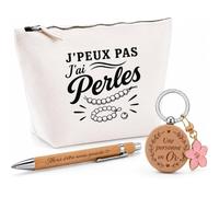 Coffret Cadeau J’Peux Pas j’AI Perles | Trousse Coton, Stylo Bambou Gravé et Porte-Clés Bois | 3 Pièces Prêtes à Offrir | Remerciement Anniversaire Noël