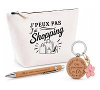 Coffret Cadeau J’Peux Pas j’AI Shopping | Trousse Coton, Stylo Bambou Gravé et Porte-Clés Bois | 3 Pièces Prêtes à Offrir | Remerciement Accro Shopping Anniversaire Noël