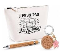 Coffret Cadeau J’Peux Pas j’AI Sophro | Trousse Coton, Stylo Bambou Gravé et Porte-Clés Bois | 3 Pièces Prêtes à Offrir | Remerciement Anniversaire Noël
