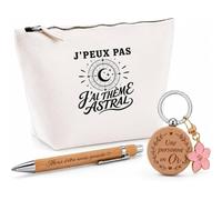 Coffret Cadeau J’Peux Pas j’AI Thème Astral | Trousse Coton, Stylo Bambou Gravé et Porte-Clés Bois | 3 Pièces Prêtes à Offrir | Remerciement Anniversaire Noël
