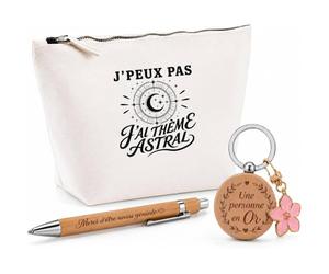Coffret Cadeau J’Peux Pas j’AI Thème Astral | Trousse Coton, Stylo Bambou Gravé et Porte-Clés Bois | 3 Pièces Prêtes à Offrir | Remerciement Anniversaire Noël