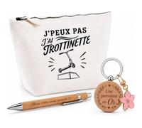 Coffret Cadeau J’Peux Pas j’AI Trottinette | Trousse Coton, Stylo Bambou Gravé et Porte-Clés Bois | 3 Pièces Prêtes à Offrir | Remerciement Anniversaire Noël