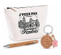 Coffret Cadeau J’Peux Pas Je me Barre à Londres | Trousse Coton, Stylo Bambou Gravé et Porte-Clés Bois | 3 Pièces Prêtes à Offrir | Remerciement Voyageur Anniversaire Noël
