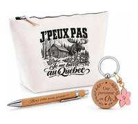 Coffret Cadeau J’Peux Pas Je me Barre au Québec | Trousse Coton, Stylo Bambou Gravé et Porte-Clés Bois | 3 Pièces Prêtes à Offrir | Remerciement Voyageur Anniversaire Noël