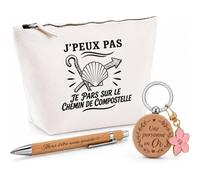 Coffret Cadeau J’Peux Pas Je pars sur Le Chemin de Compostelle | Trousse Coton, Stylo Bambou Gravé et Porte-Clés Bois | 3 Pièces Prêtes à Offrir | Remerciement Pèlerin Anniversaire Noël