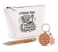 Coffret Cadeau J’Peux Pas Je préfère la Chanson française | Trousse Coton, Stylo Bambou Gravé et Porte-Clés Bois | 3 Pièces Prêtes à Offrir | Remerciement Anniversaire Noël