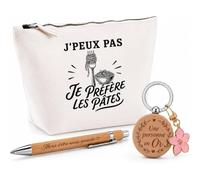 Coffret Cadeau J’Peux Pas Je préfère Les Pâtes | Trousse Coton, Stylo Bambou Gravé et Porte-Clés Bois | 3 Pièces Prêtes à Offrir | Remerciement Anniversaire Noël