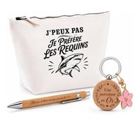 Coffret Cadeau J’Peux Pas Je préfère Les Requins | Trousse Coton, Stylo Bambou Gravé et Porte-Clés Bois | 3 Pièces Prêtes à Offrir | Remerciement Anniversaire Noël