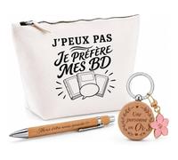 Coffret Cadeau J’Peux Pas Je préfère Mes BD | Trousse Coton, Stylo Bambou Gravé et Porte-Clés Bois | 3 Pièces Prêtes à Offrir | Remerciement Bédéphile Anniversaire Noël