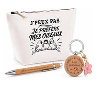 Coffret Cadeau J’Peux Pas Je préfère Mes Oiseaux | Trousse Coton, Stylo Bambou Gravé et Porte-Clés Bois | 3 Pièces Prêtes à Offrir | Remerciement Anniversaire Noël
