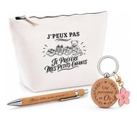 Coffret Cadeau J’Peux Pas Je préfère Mes Petits-Enfants | Trousse Coton, Stylo Bambou Gravé et Porte-Clés Bois | 3 Pièces Prêtes à Offrir | Remerciement Anniversaire Noël