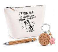 Coffret Cadeau J’Peux Pas Je préfère Mon Berger Australien | Trousse Coton, Stylo Bambou Gravé et Porte-Clés Bois | 3 Pièces Prêtes à Offrir