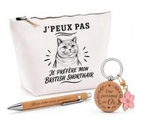 Coffret Cadeau J’Peux Pas Je préfère Mon British Shorthair | Trousse Coton, Stylo Bambou Gravé et Porte-Clés Bois | 3 Pièces Prêtes à Offrir