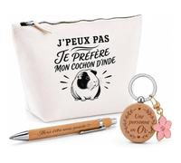 Coffret Cadeau J’Peux Pas Je préfère Mon Cochon d’Inde | Trousse Coton, Stylo Bambou Gravé et Porte-Clés Bois | 3 Pièces Prêtes à Offrir | Remerciement Propriétaire Cochon D’Inde Anniversaire Noël