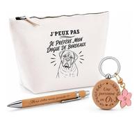 Coffret Cadeau J’Peux Pas Je préfère Mon Dogue de Bordeaux | Trousse Coton, Stylo Bambou Gravé et Porte-Clés Bois | 3 Pièces Prêtes à Offrir