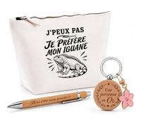 Coffret Cadeau J’Peux Pas Je préfère Mon Iguane | Trousse Coton, Stylo Bambou Gravé et Porte-Clés Bois | 3 Pièces Prêtes à Offrir | Remerciement Anniversaire Noël