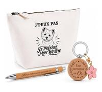 Coffret Cadeau J’Peux Pas Je préfère Mon Westie | Trousse Coton, Stylo Bambou Gravé et Porte-Clés Bois | 3 Pièces Prêtes à Offrir | Remerciement Propriétaire Westie Anniversaire Noël