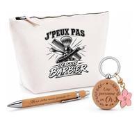 Coffret Cadeau J’Peux Pas Je suis Barbier | Trousse Coton, Stylo Bambou Gravé et Porte-Clés Bois | 3 Pièces Prêtes à Offrir | Remerciement Anniversaire Noël