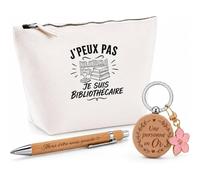 Coffret Cadeau J’Peux Pas Je suis Bibliothécaire | Trousse Coton, Stylo Bambou Gravé et Porte-Clés Bois | 3 Pièces Prêtes à Offrir | Remerciement Anniversaire Noël