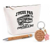 Coffret Cadeau J’Peux Pas Je suis Chauffeur de Bus | Trousse Coton, Stylo Bambou Gravé et Porte-Clés Bois | 3 Pièces Prêtes à Offrir | Remerciement Anniversaire Noël