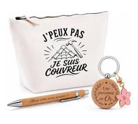 Coffret Cadeau J’Peux Pas Je suis Couvreur | Trousse Coton, Stylo Bambou Gravé et Porte-Clés Bois | 3 Pièces Prêtes à Offrir | Remerciement Anniversaire Noël