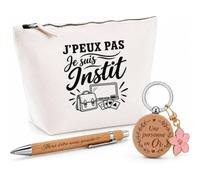 Coffret Cadeau J’Peux Pas Je suis Instit | Trousse Coton, Stylo Bambou Gravé et Porte-Clés Bois | 3 Pièces Prêtes à Offrir | Remerciement Instituteur Institutrice Anniversaire Noël