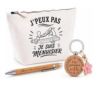 Coffret Cadeau J’Peux Pas Je suis Menuisier | Trousse Coton, Stylo Bambou Gravé et Porte-Clés Bois | 3 Pièces Prêtes à Offrir | Remerciement Anniversaire Noël