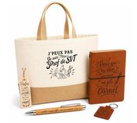 Coffret Cadeau J’peux pas je suis Prof de SVT | Sac Cabas Coton et Jute 18 L, Carnet, Stylo Bambou, Porte-Clés, Marque-Page | 5 Pièces Gravées | Anniversaire Noël Professeur et Professeure de Svt