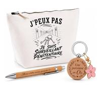 Coffret Cadeau J’Peux Pas Je suis Surveillant pénitentiaire | Trousse Coton, Stylo Bambou Gravé et Porte-Clés Bois | 3 Pièces Prêtes à Offrir | Remerciement Anniversaire Noël