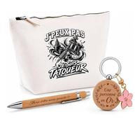Coffret Cadeau J’Peux Pas Je suis Tatoueur | Trousse Coton, Stylo Bambou Gravé et Porte-Clés Bois | 3 Pièces Prêtes à Offrir | Remerciement Anniversaire Noël