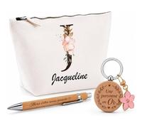 Coffret Cadeau Jacqueline | Trousse Coton, Stylo Bambou Gravé et Porte-Clés Bois | 3 Pièces Prêtes à Offrir | Remerciement Anniversaire Noël