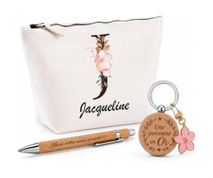 Coffret Cadeau Jacqueline | Trousse Coton, Stylo Bambou Gravé et Porte-Clés Bois | 3 Pièces Prêtes à Offrir | Remerciement Anniversaire Noël