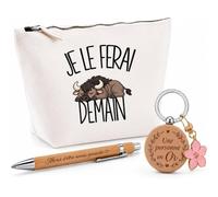 Coffret Cadeau Je Le Ferai Demain | Gnou | Trousse Coton, Stylo Bambou Gravé et Porte-Clés Bois | 3 Pièces Prêtes à Offrir | Remerciement Anniversaire Noël | Humour Flemme Paresseux
