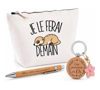 Coffret Cadeau Je Le Ferai Demain | Mangouste | Trousse Coton, Stylo Bambou Gravé et Porte-Clés Bois | 3 Pièces Prêtes à Offrir | Remerciement Anniversaire Noël | Humour Flemme Paresseux