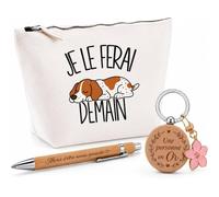 Coffret Cadeau Je Le Ferai Demain | Pointer Anglais | Trousse Coton, Stylo Bambou Gravé et Porte-Clés Bois | 3 Pièces Prêtes à Offrir | Remerciement Anniversaire Noël | Flemme Paresseux