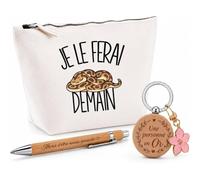 Coffret Cadeau Je Le Ferai Demain | Python | Trousse Coton, Stylo Bambou Gravé et Porte-Clés Bois | 3 Pièces Prêtes à Offrir | Remerciement Anniversaire Noël | Humour Flemme Paresseux