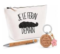 Coffret Cadeau Je Le Ferai Demain | Terre-Neuve | Trousse Coton, Stylo Bambou Gravé et Porte-Clés Bois | 3 Pièces Prêtes à Offrir | Remerciement Anniversaire Noël | Humour Flemme Paresseux