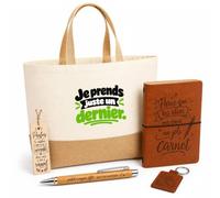 Coffret Cadeau Je prends juste un dernier. Expressions Françaises | Sac Cabas Coton et Jute 18 L, Carnet, Stylo Bambou, Porte-Clés, Marque-Page | 5 Pièces | Idée Cadeau Amateur Apéro Noël Départ